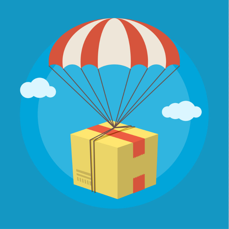 Package being dropped from the sky Package being dropped from the sky with a parachute